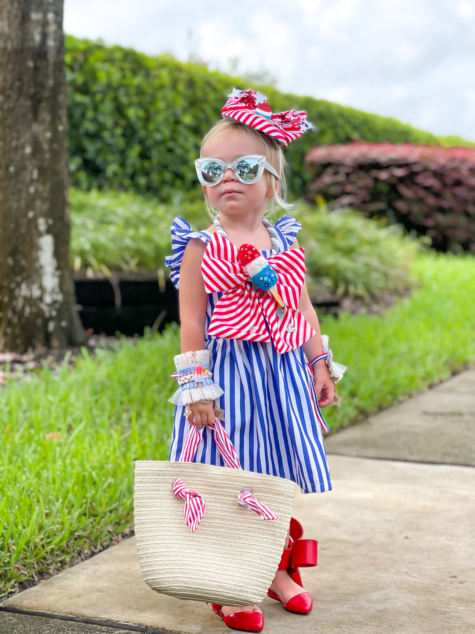 White & Blue Striped Ruffle Dress