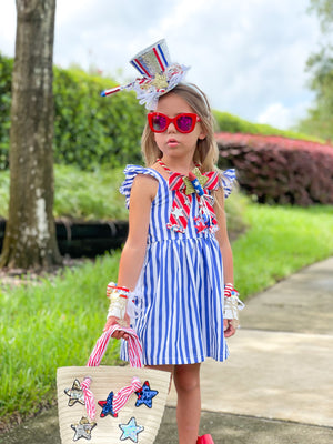 White & Blue Striped Ruffle Dress