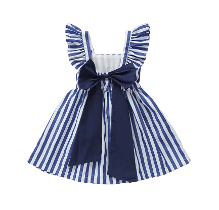 White & Blue Striped Ruffle Dress