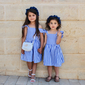 White & Blue Striped Ruffle Dress