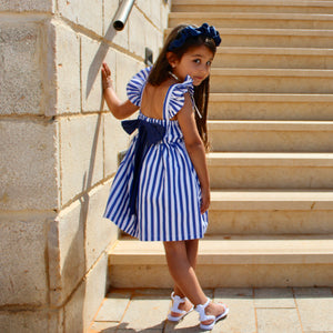 White & Blue Striped Ruffle Dress